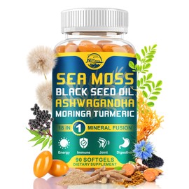 Nature's live Organic Sea Moss Softgels, with Black Seed Oil, Ashwagandha, Bladderwrack, Ginger, Burdock Root, Manuka Honey, Cinnamon for Immune System, Skin, Energy, 90 Softgels, 1 Pack