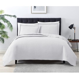 EXQ Home Quilt Set Full Queen Size White 3 Piece,Lightweight Soft Coverlet Plaid Pattern Bedspread Set for All Season(1 Quilt,2 Pillow Shams)