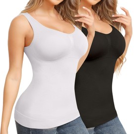 Joyshaper Women's Undershirt Top Figure Shaping Padded Bra Shirt Tummy Control Shaping Padded Seamless Camisole Compression Tank Top Shirt, Black+white, L