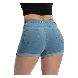Laeyzuo Pantalones cortos elásticos de cintura alta para mujer con dobladillo foldead, Azul claro, M