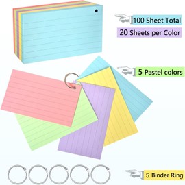 100 Pcs Pastel Color Index Cards, 3" x 5" Ruled Index Cards with Ring,Both Sides Lined Colored Index Flashcards,Heavy Note Cards,Study Cards,Memo Scratch Pad for Home Office School…