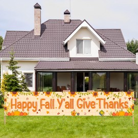 Kimini-Ki Happy Fall Y'all Give Thanks Yard Banner, Large Fall Thanksgiving Decorations, Pumpkin Welcome Fall Sign, Holiday Fall Themed Decorations, Autumn Thankful Banner