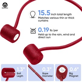 Remunkia Magnetic Curtain Tiebacks 2 Pack, Curtain Tie Backs Holder, Outdoor Curtains Tiebacks Window Treatment Holdbacks with Strong Magnet for Home Bedroom Office Decorative Drape Curtains - Wine