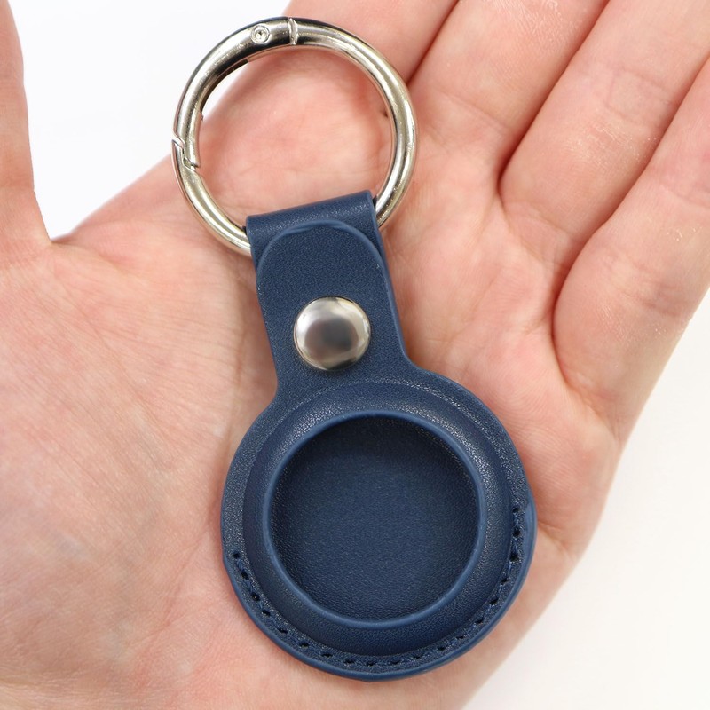 AirTag Case Leather Navy Navy Blue Key Holder Round Carabiner