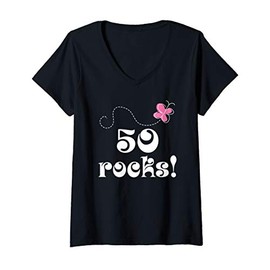Womens 50th Birthday Cute Butterfly 50 Rocks Party V-Neck T-Shirt