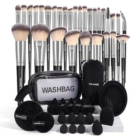 MAANGE 49 Piece Brochas para Maquillaje Profesional con Bolsa Set de Herramientas Maquillaje Multifuncional Kabuki Sintético Rubor Polvo Base para Viajes y Uso Diario(Negro Plata)