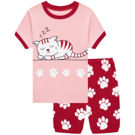 Popshion Little Girls Kitty Pajamas Short Sleeve 100% Cotton Toddler Pjs Cat Sleepwear Cat Outfits Summer Clothes Sets Size 3/6792