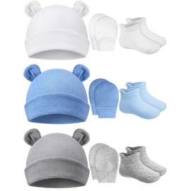 Geyoga - Juego de manoplas y calcetines para bebé recién nacido para 0-6 meses, Blanco, gris, azul claro, 0