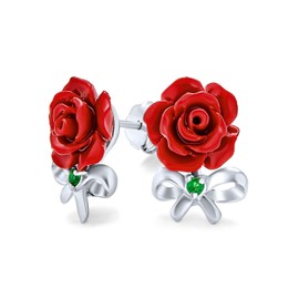 Flower Red Rose Resin CZ Bow Stud Earrings For Women 925 Sterling Silver 14mm