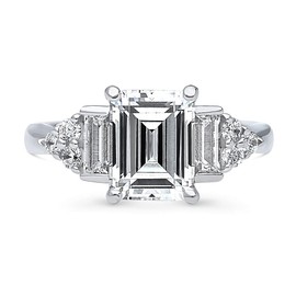 BERRICLE Sterling Silver 3-Stone Wedding Engagement Rings 2.6 Carat Emerald Cut Cubic Zirconia CZ Ring for Women, Rhodium Plated Size 4