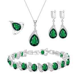 LMXXVJ Green Cubic Zirconia Necklace Ring Earrings Bracelet Jewelry Set for Women,Created Green Emerald Jewelry Set Mother's Day Christmas Gift,Silver-Tone
