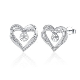 LGSY 925 Sterling Silver CZ Double Heart Earrings Fitting for Pearl, Earring Post Findings with Pearl Seat for Pearl DIY Jewelry Making