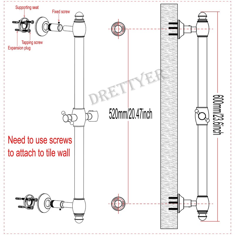 Brass Shower Slide Bar with Handheld Shower Head, Adjustable Height