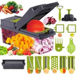 14 en 1 Picador de Verduras, Cortador de Verduras,Multifuncional Vegetable Slicer Cutter - 6 Cuchillas de Acero Inoxidable con Contenedor Cesta Coladora,Adecuado para Frutas Verduras y Ensaladas