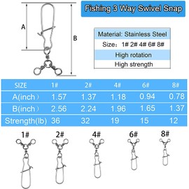 3 Way Swivel with Snaps Fishing Connector CatFish Swivel for Fishing Rig Fishing Swivel Duo-Lock Snap Crossline Trolling Line Lure Connector 4# 40pcs