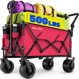 BEAU JARDIN Folding Push & Pull Beach Wagon 500 lbs Collapsible Foldable Wagons with Push Handle All Terrain Wheels Grocery Utility Camping Sports Garden Wagon Cart Red