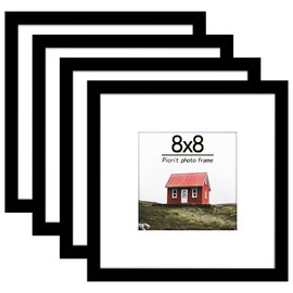 Picrit 8x8 Picture Frame Set of 4, Made of High Definition Real Glass, Display 5x5 with Mat or 8x8 Without Mat, Photo Frames for Wall Mounting or Table Top Display, Black