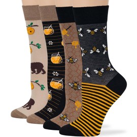 7BIGSTARS KINGDOM Women Cotton Crew Fun Socks - 4 Pack Large-Bee-Hive Bear-Honey-Sock Size 10-12 Shoe Size 8-12, Black, Beige, Light Beige, Orange
