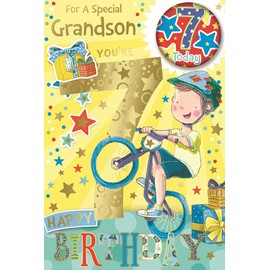 Grandson 7th Birthday Card and Badge 7 Today Boy on Bike Foil 9 x 6