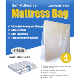 ComfortHome 4 Mil Extra Thick Sealable Mattress Bag with Adhesive Strip for Moving and Storage, Fits Twin Full and Queen Size, 2 Pack