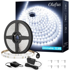 Olafus White LED Strip Lights, 32.8ft Dimmable Vanity Light, 6000K Daylight White LED Tape Lights with UL Listed Adapter, 12V 600 LEDs for Bedroom Kitchen TV Mirror Stair