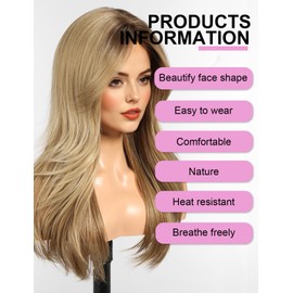 WOKESTAR Natural Long Wigs for Women with Fringe Synthetic Heat Resistant Hair Ombre Blonde Wig for Daily Party Cosplay Use