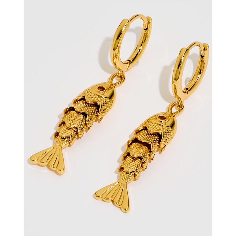 FAUTHENTICUTE 14K Gold Fish Earrings For Women Small Gold Huggie