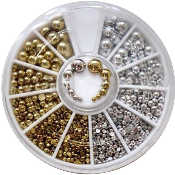 enForten 500pcs Mixed Sizes Silver& Gold Punk Half Round Acrylic Rhinestones Flatback Faux Imitation Pearls Beads Nail Art Decoration W/wheel