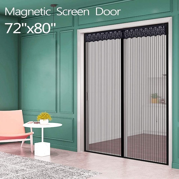 Fly Screen Magnetic Screen Door Cover Double Mesh Curtain with Full Frame Magic Tape Magic Instant Mesh Door for Front Door and Home Outside Kids/Pets Walk Through Easily (188X206 cm in Black)