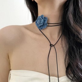 Bethynas Vintage Blue Denim Flower Choker Necklace Artificial Rose Floral Lace-up Necklace Long Wrap Leather Tie Neck Accessories for Bridal Summer Party for Women (Small, Light Blue)