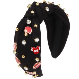 Football Headband for Women Black Knotted Headband Rhinestone Top Knot Headbands Fashion Cute Wide Headbands Game Day Sports Hair Accessories Gift Football Mom Accessories for Women and Girls