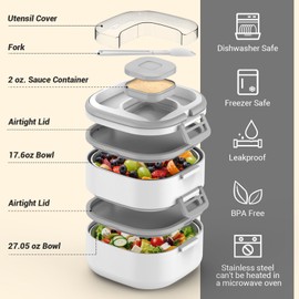 PEDECO - Caja bento apilable de acero inoxidable, a prueba de fugas, caja bento de 2 niveles, lonchera con portátil y cubiertos, tamaños de porción ideales (48 onzas) para niños y niños pequeños, sin BPA, apto para lavaplatos, blanco, mayores de 3 años