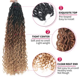 Curly Faux Goddess Locs Crochet Hair 18Inch Pre Looped Synthetic Deep Curly Hairstyle Hippie Locs Crochet Braids Extensions（1B/30/27,22inch(Pack of 8))