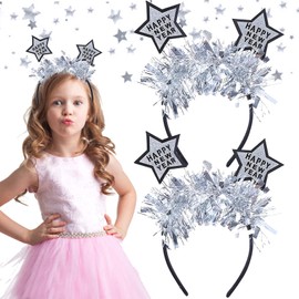 Qunkun Pack of 2 Happy New Year Headbands, Headband, New Year's Eve, Party Headband with Feathers and Stars, Silver Rhinestone Glittering New Year's Eve Party Hair Accessories (A)