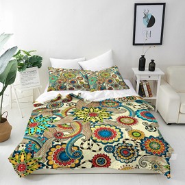 ANHOPE Bohemia Duvet Cover Set Soft Microfibre Polyester Quilt Cover 3 PCS Bedding Set with 2 Pillowcase Boho Ethnic Floral Print Pattern Comforter Cover with Zipper Closure Single (135 x 200 cm)