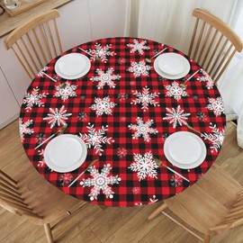 Fiokroo Christmas Snowflakes Checkered Tablecloth with Elastic Edge, Round Table Cloth Xmas Plaid Washable Reusable Table Cover for Kitchen Dining Party Picnic, Small