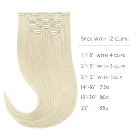 WENNALIFE Clip-In Real Hair Extensions, 80 g, 5 Pieces, 45 cm, Platinum Blonde, Clip-In Remy Clip-In Extensions, Natural Hair Extensions Real Hair