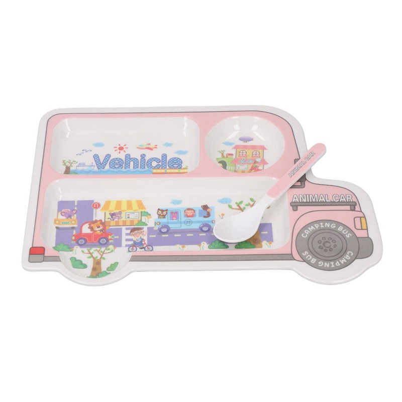 Kids Dinner Plate with Spoon Bamboo Fiber Divided Plates Cartoon