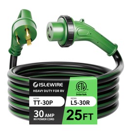 ISLEWIRE 30 Amp 25 Feet RV Power Cord, Heavy Duty 10 Gauge STW Cord with LED Power Indicator Twist Connector, NEMA TT-30P to L5-30R with Cord Organizer for RV Trailer Campers, Black&Green, ETL Listed