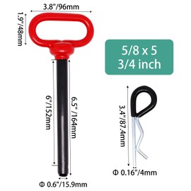 BUXIMN 5/8 x 5-3/4 inch Hitch Pin, 2pcs Trailer Hitch Pin, Tractor Towing Hitch Pin and Clip, Red Handle Trailer Gate Pin Clevis pin Tractor Pins for Towing RV, Boat, Car, Truck