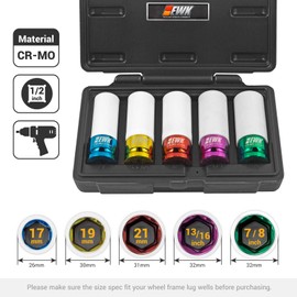 EWK 5 PCS 1/2" Drive Lug Nut Socket Set, Metric 17mm 19mm 21mm & 7/8" 13/16" Non Marring Lug Nut Socket Set