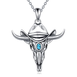 POPLYKE Bull Cow Skull Sterling Silver Turquoise Western Cowboy Necklace Pendant Cowgirl Necklaces for Women, one size, Sterling Silver, Turquoise