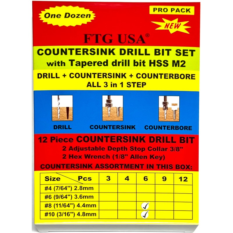 FTG USA Countersink Drill Bit Set 6 Pc #8 (11/64"),