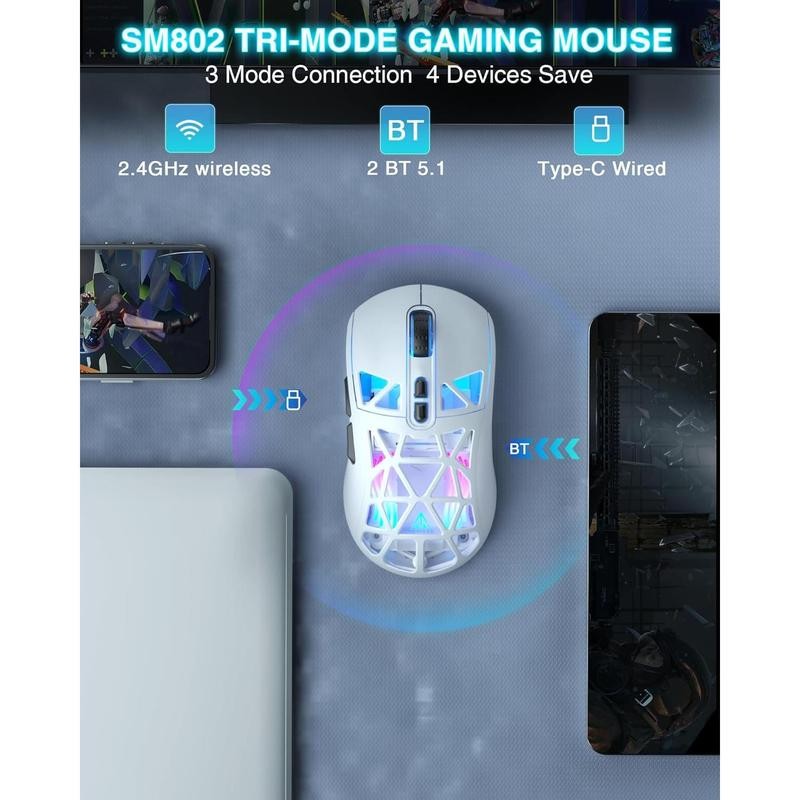SM802 White Wireless Gaming Mouse 10000 DPI Tri-Mode Wired/BT 5.0/2.4GHz
