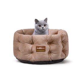ClevaHome Deep Nest Cat Bed for Small Pets up to 15lbs - Round Cat Beds for Indoor Cats, Luxurious Velvet Feel, Extra High Sides, Machine Washable Comfort Pet Bed with Non-Slip Bottom (Warm Beige)
