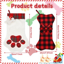 Gejoy 2 Piece Pet Dog Christmas Stocking Hanging Bone with Bow Buffalo Plaid Christmas Stockings18 Inch Dog Cat Paw Stocking for Pets Puppy Family Xmas Holiday Fireplace Decoration