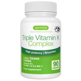Igennus Healthcare Nutrition Igennus High Strength Triple Vitamin K Complex 2700 mcg, Vitamin K1 & K2 (MK-4 & MK-7), Bioactive Natural Forms, Bone & Cardiovascular, Clean Label, Vegan, 90 Capsules