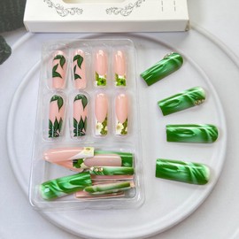 Green Gradient Press on Nails Long Square Fake Nail with Rhinestones Flowers Green Leaf Designs French Tip False Nails Acrylic Glue on Nail Full Cover Artificial Stick on Nail for Women 24 Pcs