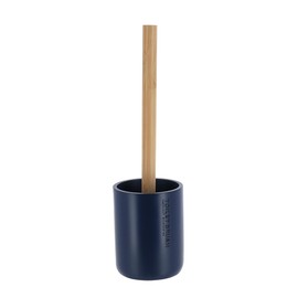 Compact Navy Blue Toilet Brush and Holder Set with Natural Bamboo Handle - Durable Toilet Bowl Brush for Deep Bathroom Cleaning
