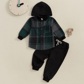 MAHUAOYIXI Toddler Baby Boys Outfits Long Sleeve Plaid Print Hooded Sweatshirt Pullover Top with Elastic Waist Pants Sets 2 Piece Baby Clothes for Little Boys Fall Winter (Green, 2-3 Years)